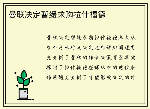 曼联决定暂缓求购拉什福德